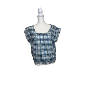 Lucky Brand Women's Blue Plaid  Short Sleeve Button Down Top Size XL
